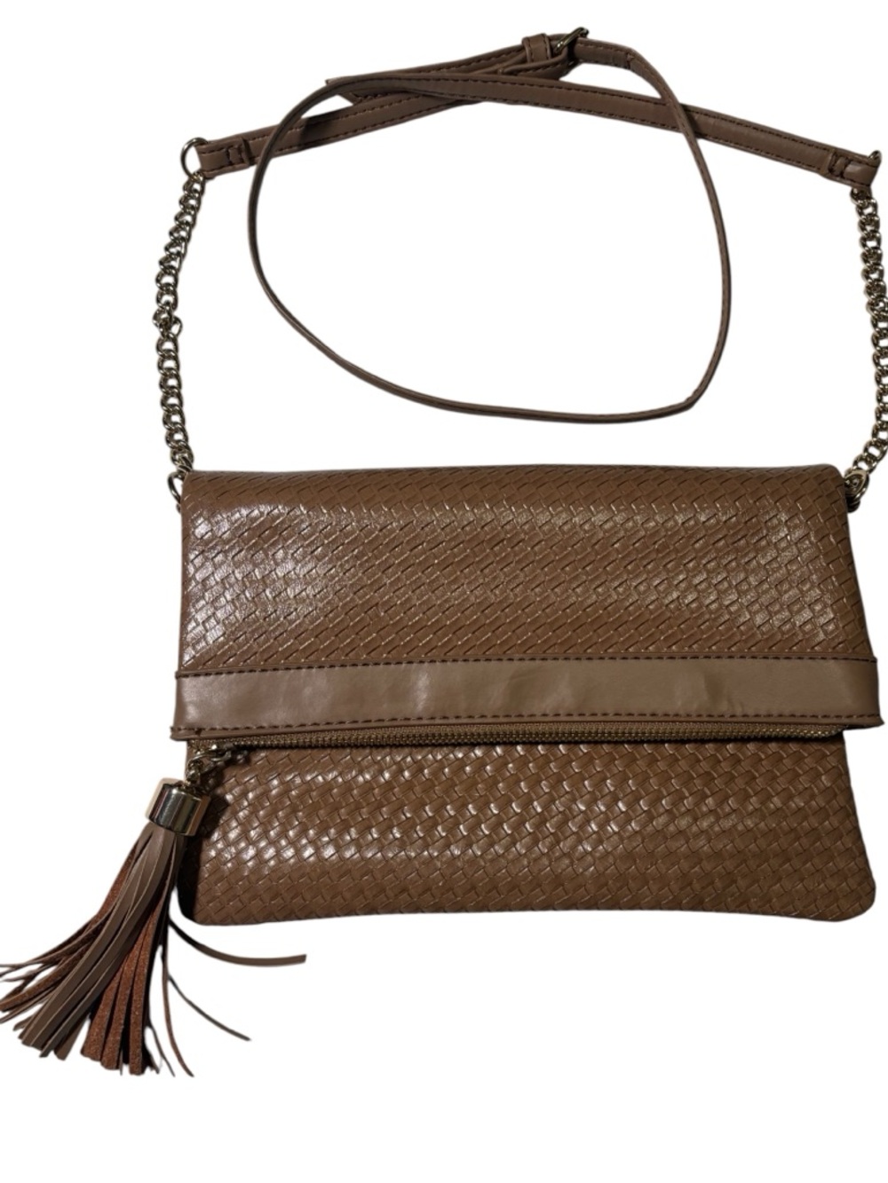 Avon Signature Woven Faux Leather Foldover Crossbody Clutch Tassel Chain Strap
